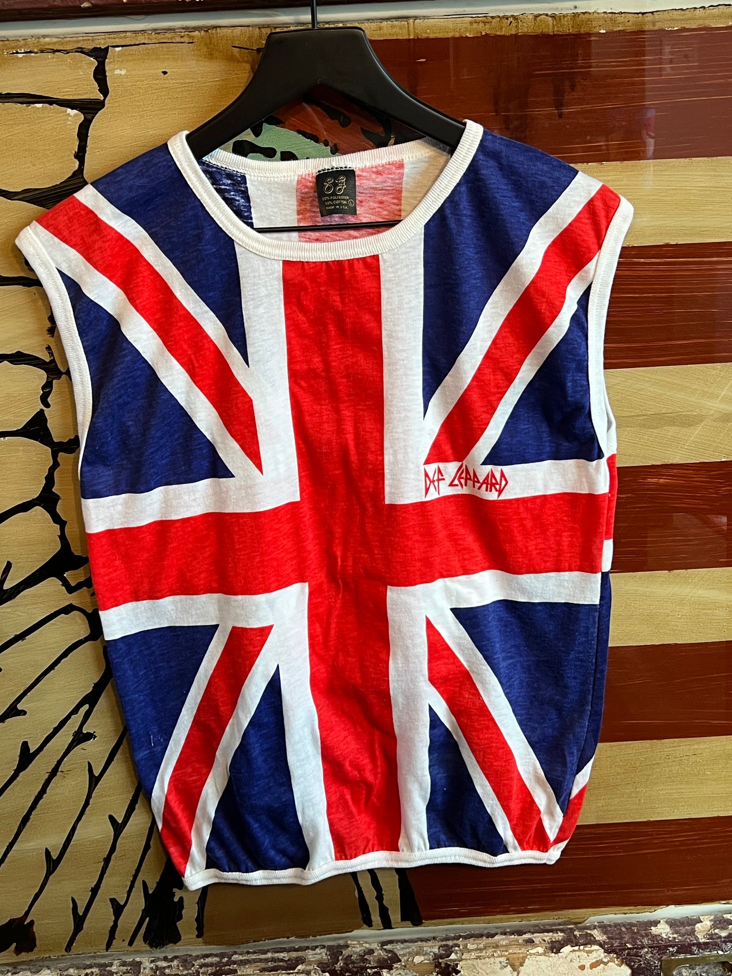Vintage 1980s Def Leppard Union Jack Sleeveless T Shirt as worn by Joe Elliot Concert Band Tee Original