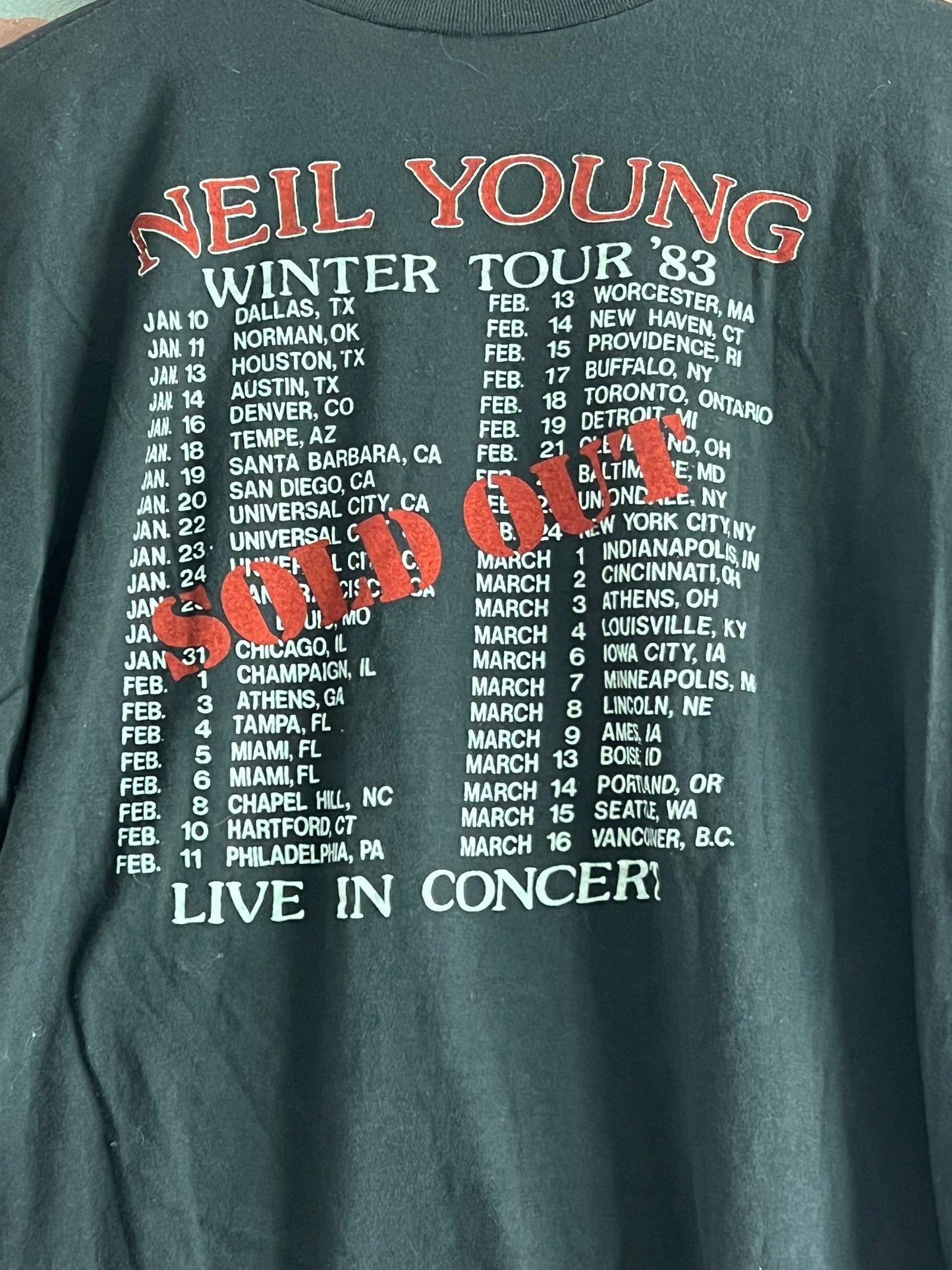 Vintage 1983 Neil Young Solo American Tour Concert Tee Shirt