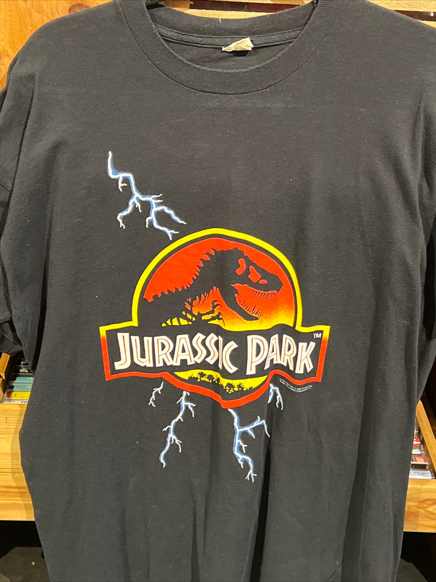 Vintage 1992 Jurassic Park Lightning Logo Movie Promo T Shirt XL All Over Print