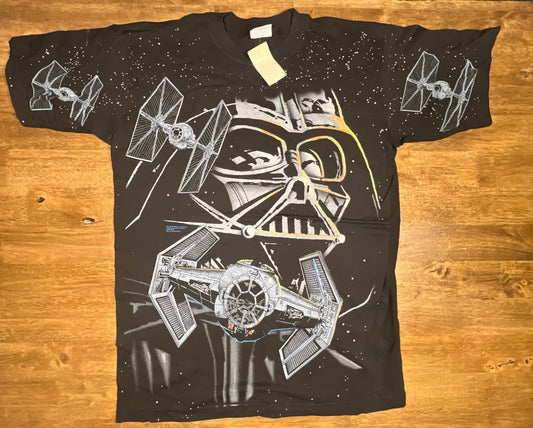 Vintage Star Wars Darth Vader T-Shirt Mens L Black AOP Tie Fighter Blueprint 90s