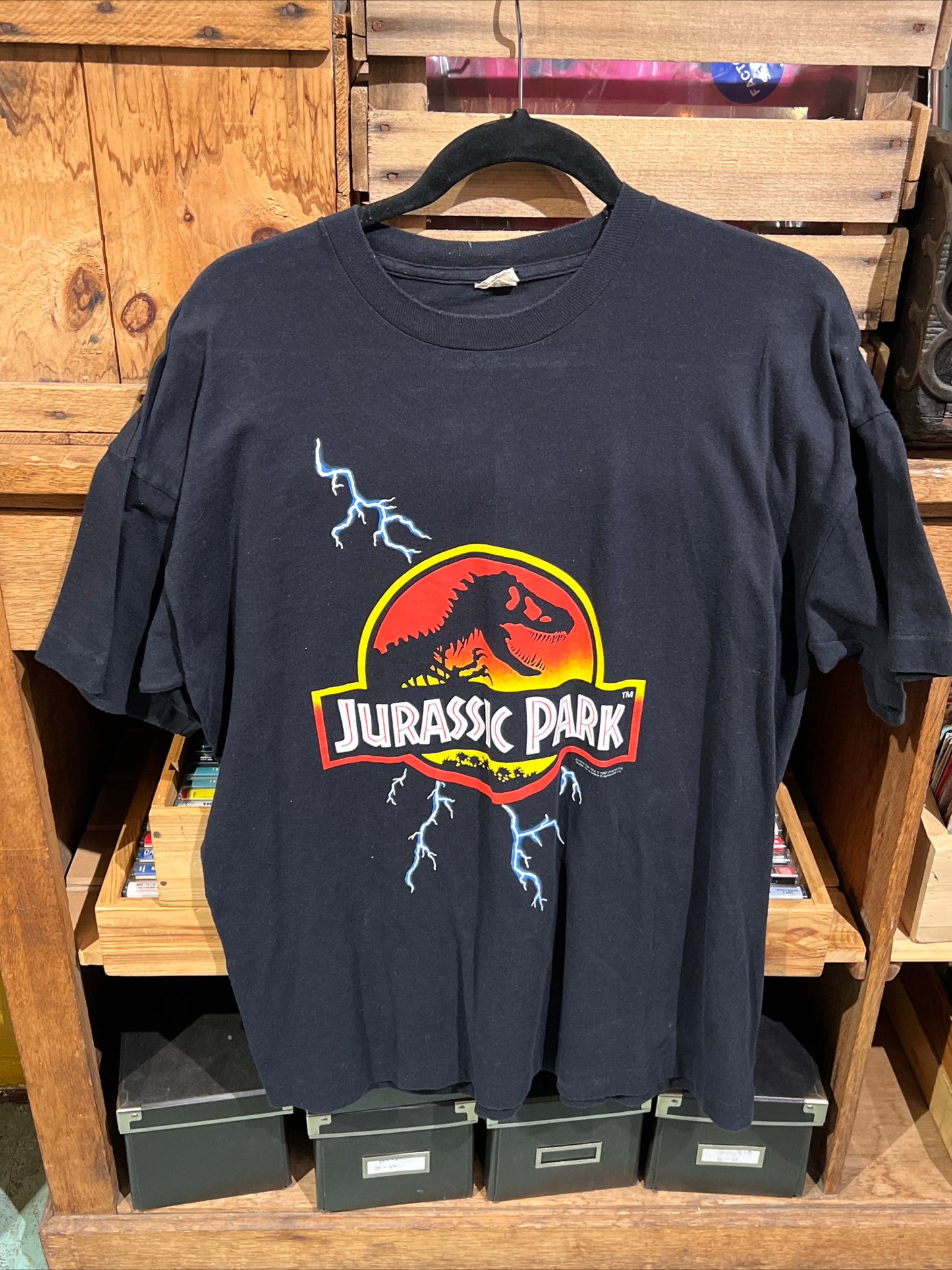 Vintage 1992 Jurassic Park Lightning Logo Movie Promo T Shirt XL All Over Print