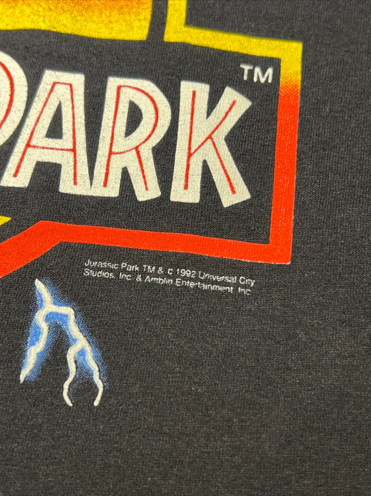 Vintage 1992 Jurassic Park Lightning Logo Movie Promo T Shirt XL All Over Print