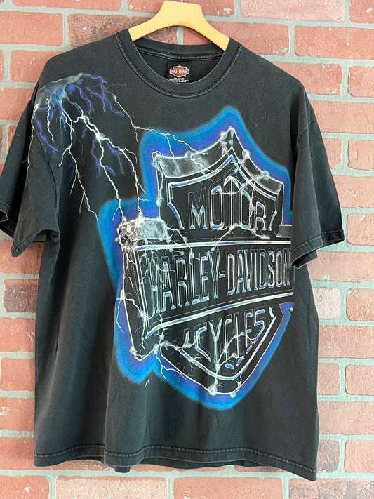 Vintage 00s Harley Davidson Blue Lightning T Shirt Y2K