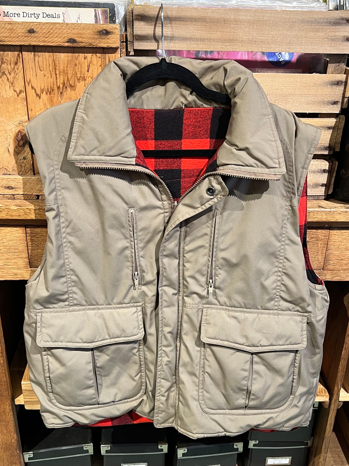 Vintage Reversible Buffalo Plaid Puffer Vest Tan & Red Medium 80s