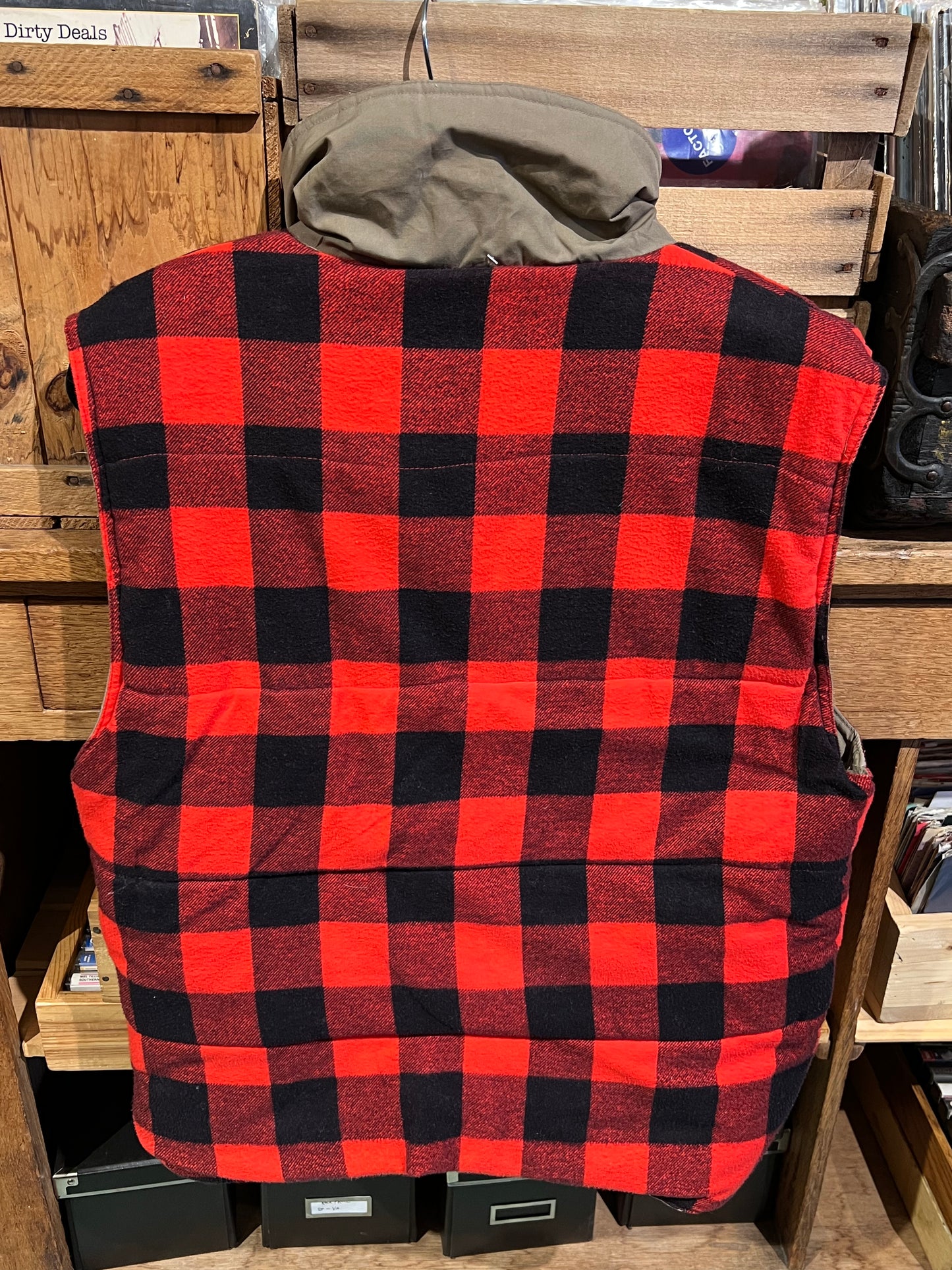 Vintage Reversible Buffalo Plaid Puffer Vest Tan & Red Medium 80s